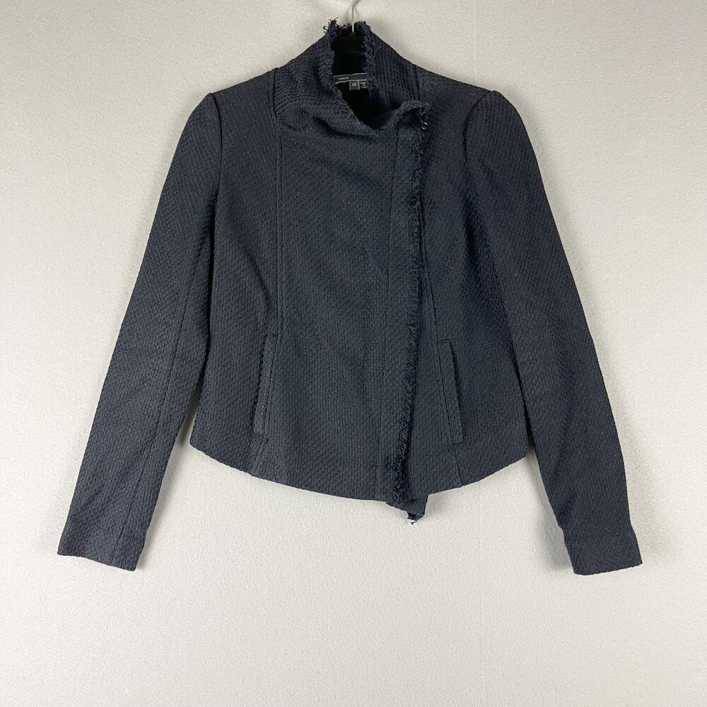Vince Scuba Tweed Fringe Moto Jacket Womens XS Black Frayed Edge Asymmetric